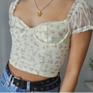 floral yellow mesh bustier top
